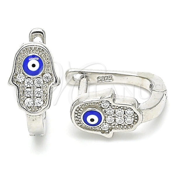 Argolla Huggie 02.336.0155.12 Plata Rodinada, Diseño de Mano de Dios y Ojo Griego, con Zirconia Cubica Blanca, Esmaltado Azul, Rodinado