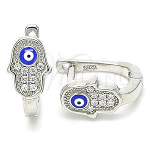 Argolla Huggie 02.336.0155.12 Plata Rodinada, Diseño de Mano de Dios y Ojo Griego, con Zirconia Cubica Blanca, Esmaltado Azul, Rodinado