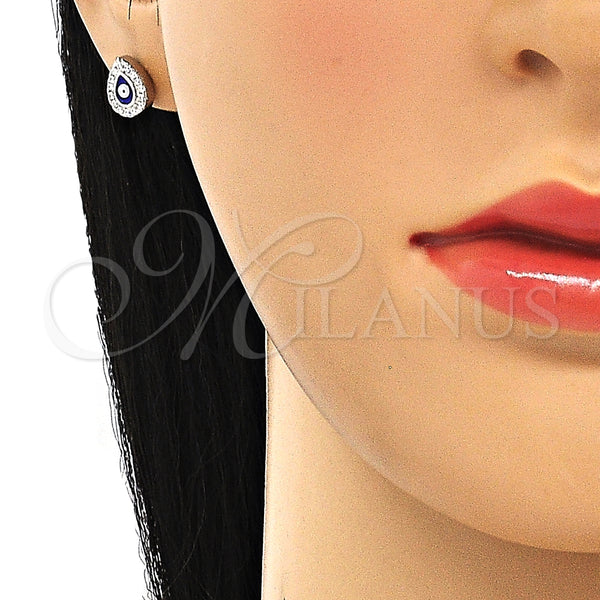 Arete Dormilona 02.336.0156 Plata Rodinada, Diseño de Ojo Griego y Gota, con Micro Pave Blanca, Esmaltado Azul, Rodinado