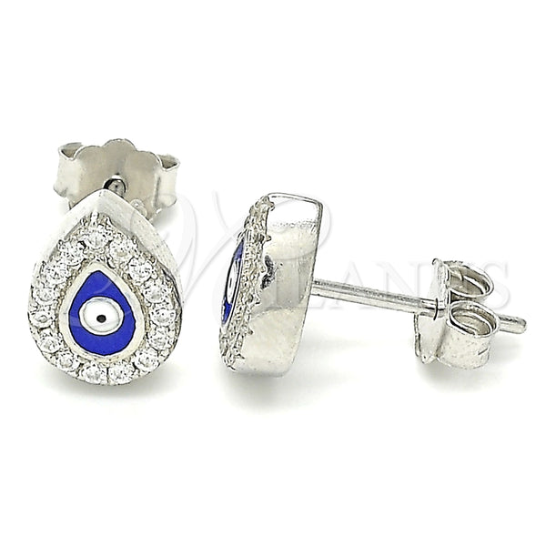 Arete Dormilona 02.336.0156 Plata Rodinada, Diseño de Ojo Griego y Gota, con Micro Pave Blanca, Esmaltado Azul, Rodinado