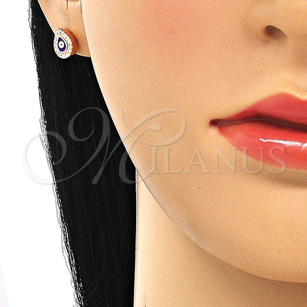 Arete Dormilona 02.336.0156.1 Plata Rodinada, Diseño de Ojo Griego y Gota, con Micro Pave Blanca, Esmaltado Azul, Tono Rosado