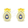 Arete Dormilona 02.336.0156.2 Plata Rodinada, Diseño de Ojo Griego y Gota, con Zirconia Cubica Blanca, Esmaltado Azul, Tono Dorado