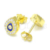 Arete Dormilona 02.336.0156.2 Plata Rodinada, Diseño de Ojo Griego y Gota, con Zirconia Cubica Blanca, Esmaltado Azul, Tono Dorado