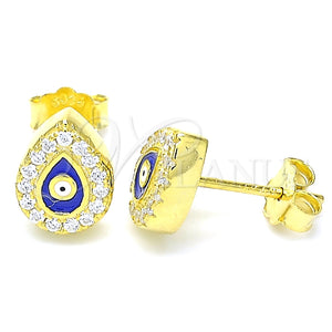 Arete Dormilona 02.336.0156.2 Plata Rodinada, Diseño de Ojo Griego y Gota, con Zirconia Cubica Blanca, Esmaltado Azul, Tono Dorado