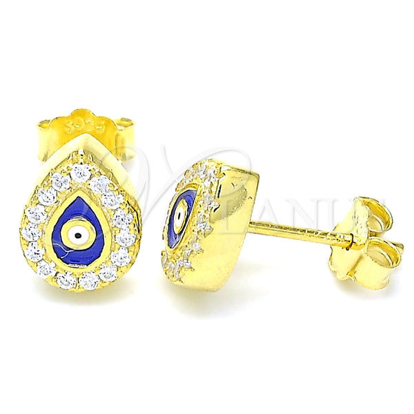 Arete Dormilona 02.336.0156.2 Plata Rodinada, Diseño de Ojo Griego y Gota, con Zirconia Cubica Blanca, Esmaltado Azul, Tono Dorado