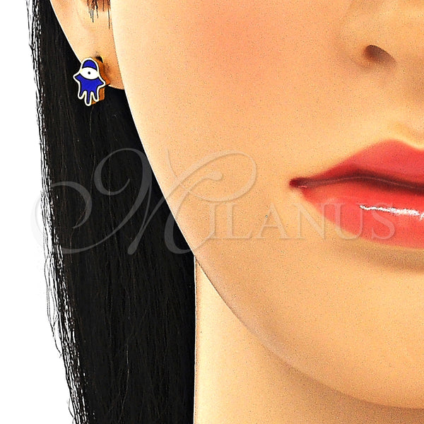 Arete Dormilona 02.336.0161.2 Plata Rodinada, Diseño de Mano de Dios, Esmaltado Azul, Tono Dorado