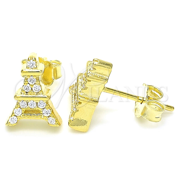 Arete Dormilona 02.336.0164.2 Plata Rodinada, Diseño de Torre Eiffel, con Zirconia Cubica Blanca, Pulido, Tono Dorado