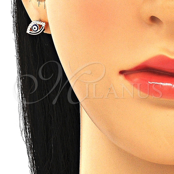 Arete Dormilona 02.336.0166.1 Plata Rodinada, Diseño de Ojo Griego, con Micro Pave Blanca, Esmaltado Azul, Tono Rosado
