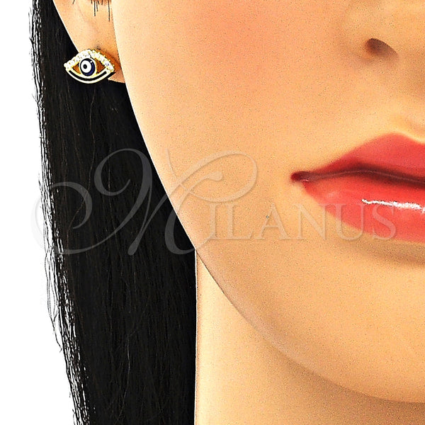 Arete Dormilona 02.336.0166.2 Plata Rodinada, Diseño de Ojo Griego, con Micro Pave Blanca, Esmaltado Azul, Tono Dorado