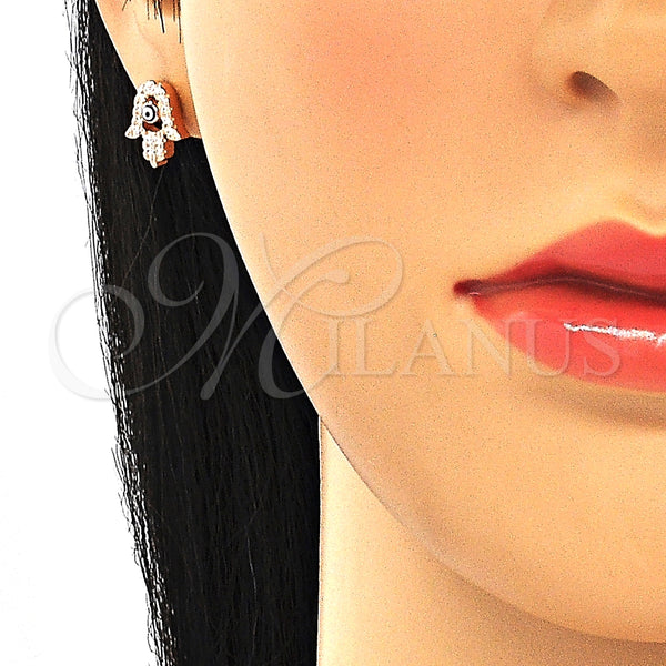 Arete Dormilona 02.336.0170.1 Plata Rodinada, Diseño de Mano de Dios y Ojo Griego, con Micro Pave Blanca, Esmaltado Azul, Tono Rosado