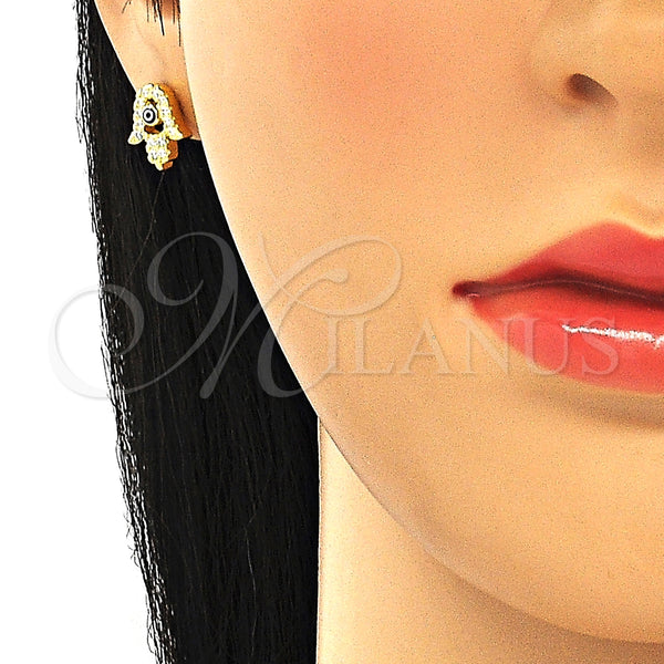 Arete Dormilona 02.336.0170.2 Plata Rodinada, Diseño de Mano de Dios y Ojo Griego, con Micro Pave Blanca, Esmaltado Azul, Tono Dorado
