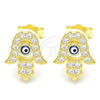 Arete Dormilona 02.336.0170.2 Plata Rodinada, Diseño de Mano de Dios y Ojo Griego, con Micro Pave Blanca, Esmaltado Azul, Tono Dorado