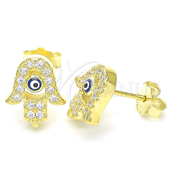 Arete Dormilona 02.336.0170.2 Plata Rodinada, Diseño de Mano de Dios y Ojo Griego, con Micro Pave Blanca, Esmaltado Azul, Tono Dorado