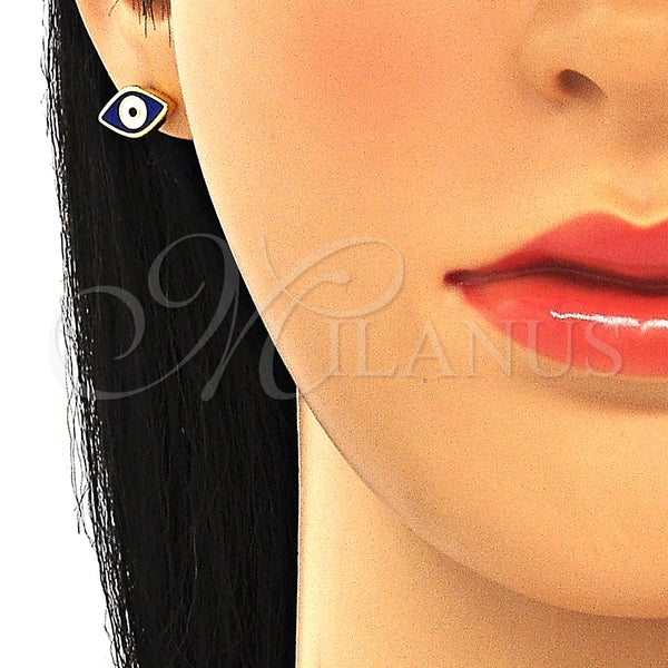 Arete Dormilona 02.336.0055.2 Plata Rodinada, Diseño de Ojo Griego, Esmaltado Azul, Tono Dorado