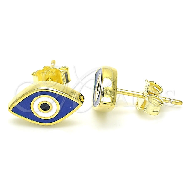 Arete Dormilona 02.336.0055.2 Plata Rodinada, Diseño de Ojo Griego, Esmaltado Azul, Tono Dorado