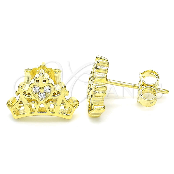 Arete Dormilona 02.336.0178.2 Plata Rodinada, Diseño de Corona y Corazón, con Zirconia Cubica Blanca, Pulido, Tono Dorado
