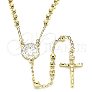 Rosario Fino 09.213.0022.24 Oro Laminado, Diseño de San Benito y Crucifijo, Pulido, Tono Dorado