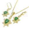 Juego de Arete y Dije de Adulto 10.351.0005.4 Oro Laminado, Diseño de Tortuga, Esmaltado Verde, Tono Dorado