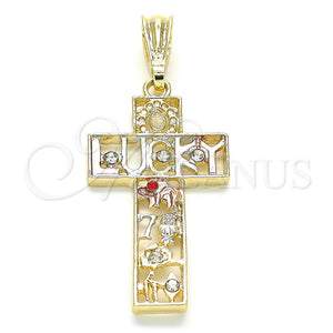 Dije Religioso 05.351.0058 Oro Laminado, Diseño de Cruz y Búho, con Granate and Blanca Cristal, Pulido, Tres Tonos