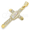 Dije Religioso 05.351.0059 Oro Laminado, Diseño de Cruz y Guadalupe, con Cristal Blanca, Pulido, Tres Tonos