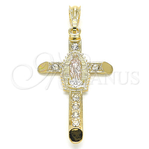 Dije Religioso 05.351.0059 Oro Laminado, Diseño de Cruz y Guadalupe, con Blanca Cristal, Pulido, Tres Tonos