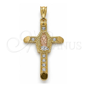 Dije Religioso 05.351.0059 Oro Laminado, Diseño de Cruz y Guadalupe, con Cristal Blanca, Pulido, Tres Tonos
