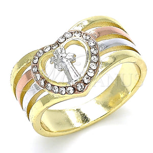 Anillo Multi Piedra 01.253.0028.08 Oro Laminado, Diseño de San Benito y Corazón, con Blanca Cristal, Pulido, Tres Tonos (Size 8)