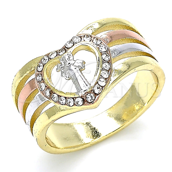 Anillo Multi Piedra 01.253.0028.08 Oro Laminado, Diseño de San Benito y Corazón, con Blanca Cristal, Pulido, Tres Tonos (Size 8)