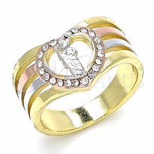 Anillo Multi Piedra 01.253.0029.07 Oro Laminado, Diseño de San Judas y Corazón, con Blanca Cristal, Pulido, Tres Tonos (Size 7)