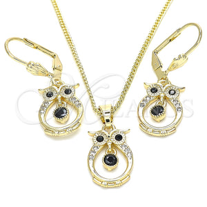 Juego de Arete y Dije de Adulto 10.210.0114 Oro Laminado, Diseño de Búho, con Negro and Blanca Zirconia Cubica, Pulido, Tono Dorado