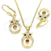 Juego de Arete y Dije de Adulto 10.210.0114.1 Oro Laminado, Diseño de Búho, con Granate and Negro Zirconia Cubica, Pulido, Tono Dorado