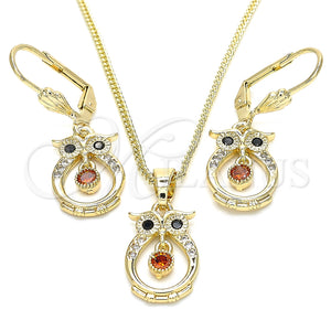 Juego de Arete y Dije de Adulto 10.210.0114.1 Oro Laminado, Diseño de Búho, con Granate and Negro Zirconia Cubica, Pulido, Tono Dorado