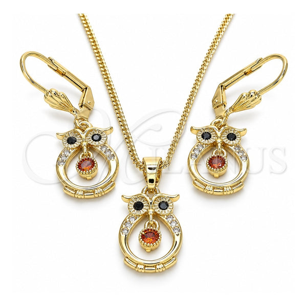 Juego de Arete y Dije de Adulto 10.210.0114.1 Oro Laminado, Diseño de Búho, con Granate and Negro Zirconia Cubica, Pulido, Tono Dorado