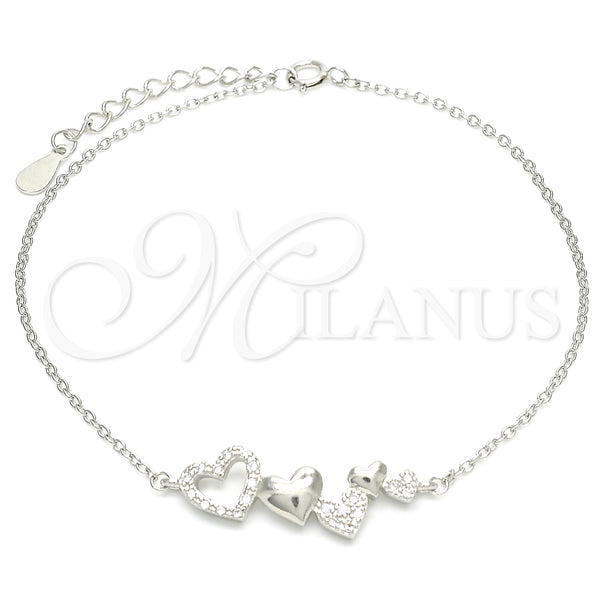 Pulsera Elegante 03.336.0057.07 Plata Rodinada, Diseño de Corazón, con Micro Pave Blanca, Pulido, Rodinado (Grosor 01 MM, 7 Pulgadas de Largo)