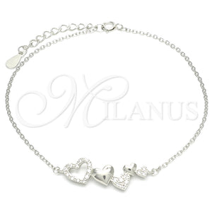 Pulsera Elegante 03.336.0057.07 Plata Rodinada, Diseño de Corazón, con Micro Pave Blanca, Pulido, Rodinado (Grosor 01 MM, 7 Pulgadas de Largo)