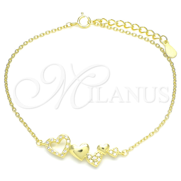 Pulsera Elegante 03.336.0057.2.08 Plata Rodinada, Diseño de Corazón, con Micro Pave Blanca, Pulido, Tono Dorado (Grosor 01 MM, 8 Pulgadas de Largo)