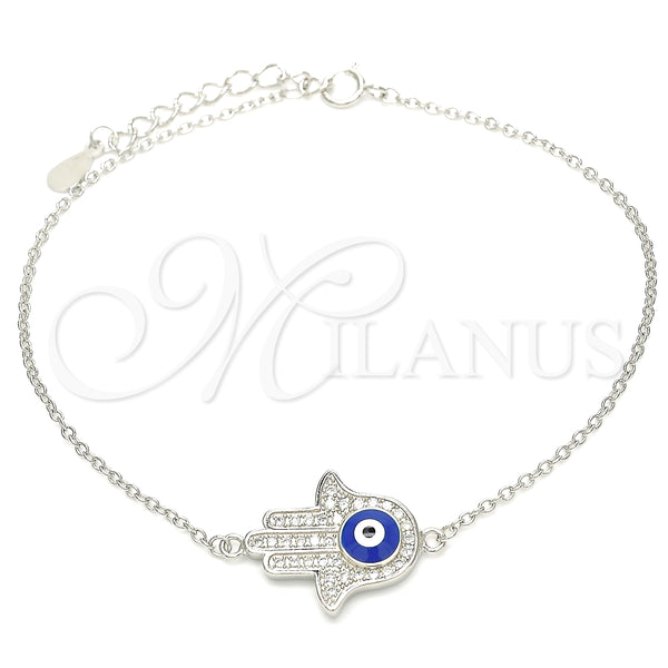 Pulsera Elegante 03.336.0061.08 Plata Rodinada, Diseño de Mano de Dios y Ojo Griego, con Micro Pave Blanca, Esmaltado Azul, Rodinado (Grosor 01 MM, 8 Pulgadas de Largo)