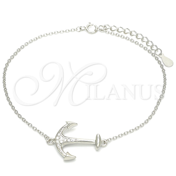 Pulsera Elegante 03.336.0062.08 Plata Rodinada, Diseño de Ancla, con Micro Pave Blanca, Pulido, Rodinado (Grosor 01 MM, 8 Pulgadas de Largo)