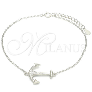 Pulsera Elegante 03.336.0062.08 Plata Rodinada, Diseño de Ancla, con Micro Pave Blanca, Pulido, Rodinado (Grosor 01 MM, 8 Pulgadas de Largo)