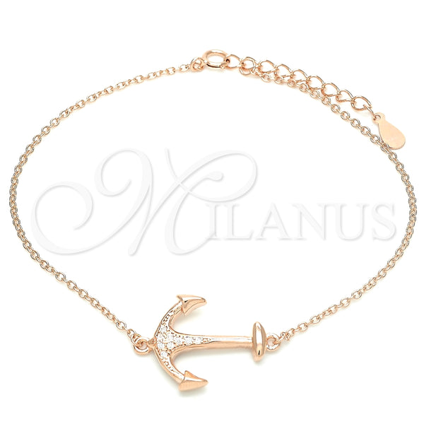 Pulsera Elegante 03.336.0062.1.08 Plata Rodinada, Diseño de Ancla, con Micro Pave Blanca, Pulido, Tono Rosado (Grosor 01 MM, 8 Pulgadas de Largo)