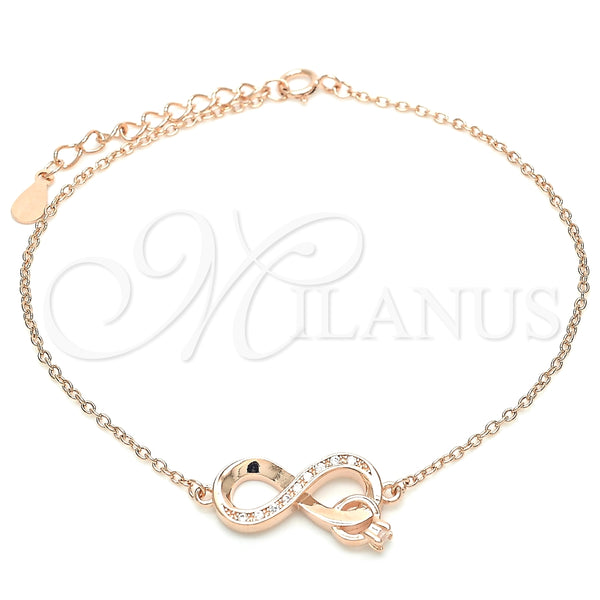 Pulsera Elegante 03.336.0071.1.08 Plata Rodinada, Diseño de Infinito, con Micro Pave Blanca y Zirconia Cubica Blanca, Pulido, Tono Rosado (Grosor 01 MM, 8 Pulgadas de Largo)
