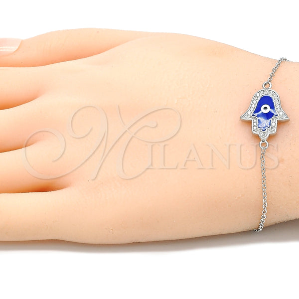 Pulsera Elegante 03.336.0072.07 Plata Rodinada, Diseño de Mano de Dios y Ojo Griego, con Micro Pave Blanca, Esmaltado Azul, Rodinado (Grosor 01 MM, 7 Pulgadas de Largo)