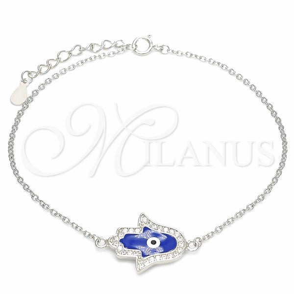 Pulsera Elegante 03.336.0072.07 Plata Rodinada, Diseño de Mano de Dios y Ojo Griego, con Micro Pave Blanca, Esmaltado Azul, Rodinado (Grosor 01 MM, 7 Pulgadas de Largo)