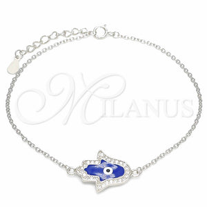 Pulsera Elegante 03.336.0072.07 Plata Rodinada, Diseño de Mano de Dios y Ojo Griego, con Micro Pave Blanca, Esmaltado Azul, Rodinado (Grosor 01 MM, 7 Pulgadas de Largo)