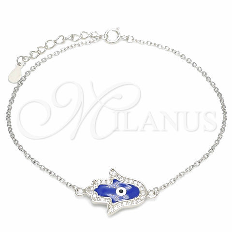 Pulsera Elegante 03.336.0072.07 Plata Rodinada, Diseño de Mano de Dios y Ojo Griego, con Micro Pave Blanca, Esmaltado Azul, Rodinado (Grosor 01 MM, 7 Pulgadas de Largo)
