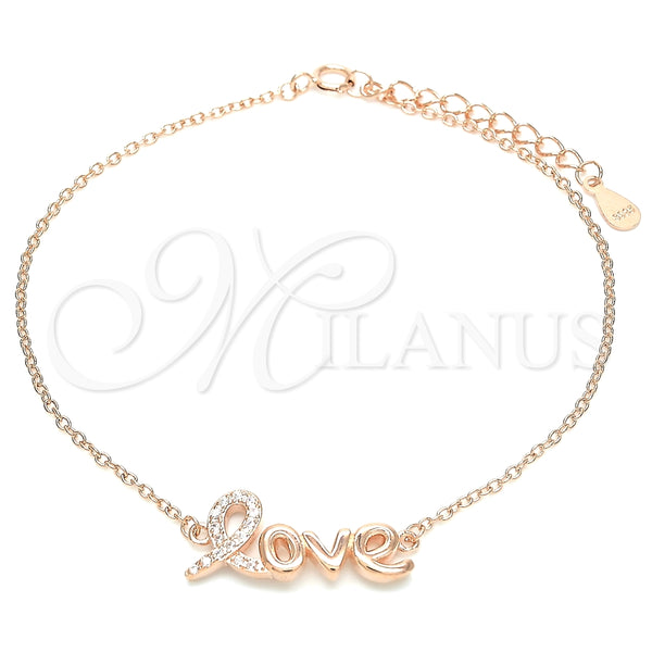 Pulsera Elegante 03.336.0074.1.07 Plata Rodinada, Diseño de Amor, con Micro Pave Blanca, Pulido, Tono Rosado (Grosor 01 MM, 7 Pulgadas de Largo)