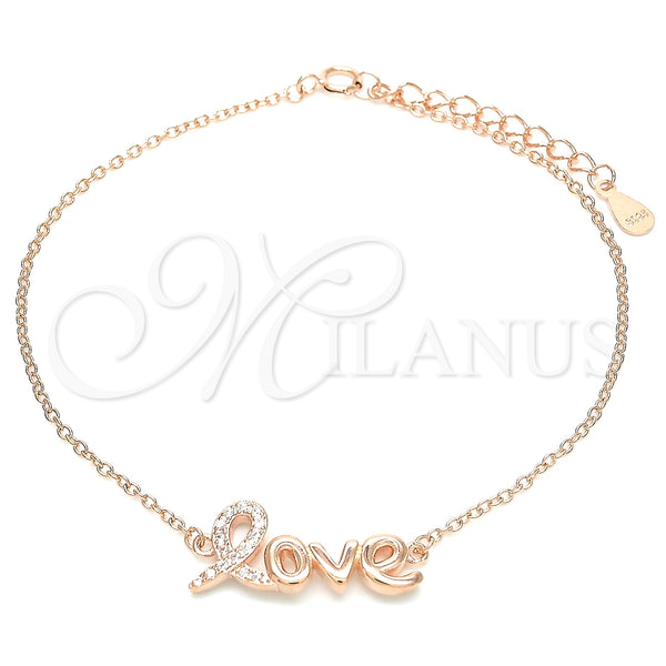 Pulsera Elegante 03.336.0074.1.07 Plata Rodinada, Diseño de Amor, con Blanca Micro Pave, Pulido, Tono Rosado (01 MM Thickness, 7 Inches Length)