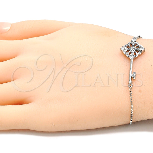 Pulsera Elegante 03.336.0076.08 Plata Rodinada, Diseño de Llave, con Zirconia Cubica Blanca, Pulido, Rodinado (Grosor 01 MM, 8 Pulgadas de Largo)