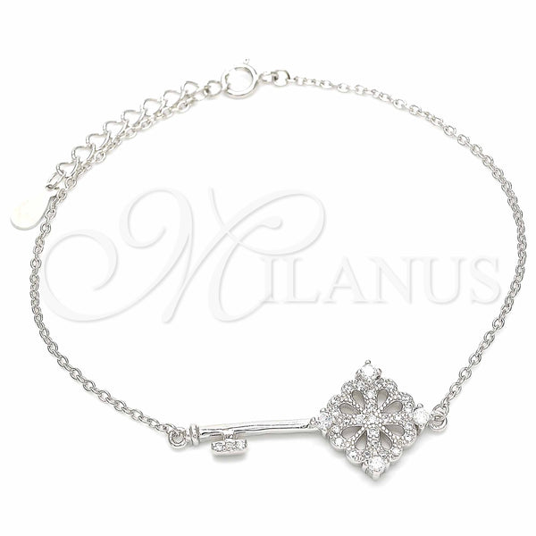 Pulsera Elegante 03.336.0076.08 Plata Rodinada, Diseño de Llave, con Zirconia Cubica Blanca, Pulido, Rodinado (Grosor 01 MM, 8 Pulgadas de Largo)