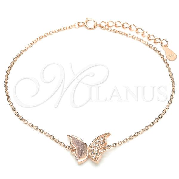 Pulsera Elegante 03.336.0023.1.08 Plata Rodinada, Diseño de Mariposa, con Micro Pave Blanca, Pulido, Tono Rosado (Grosor 01 MM, 8 Pulgadas de Largo)
